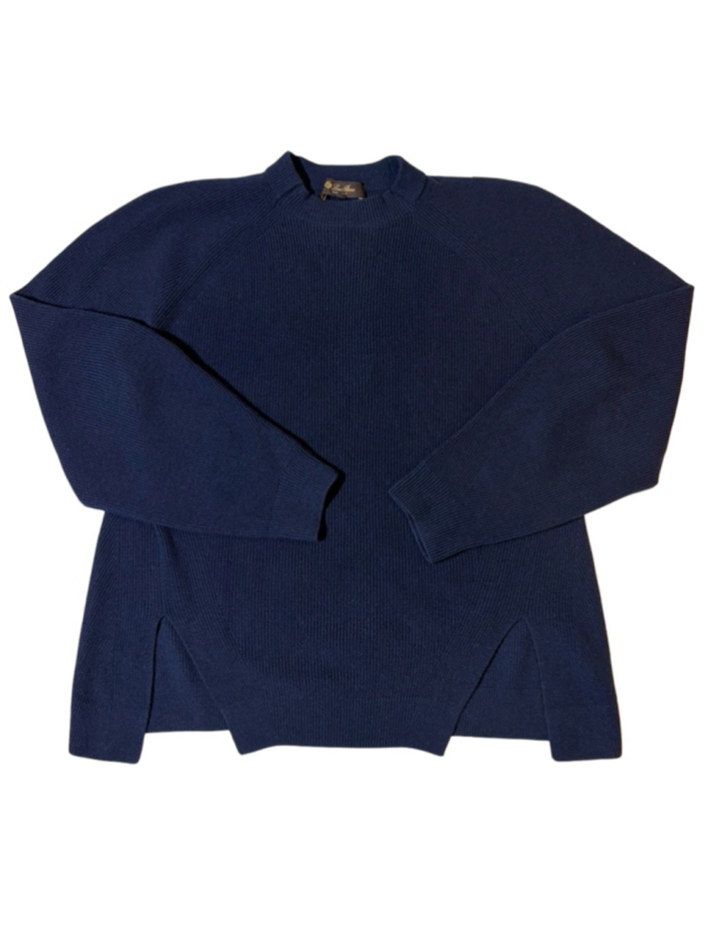 Loro Piana 100% Cashmere Navy Ribbed Sweater Italy Luxury Knit Raglan Side Slit
